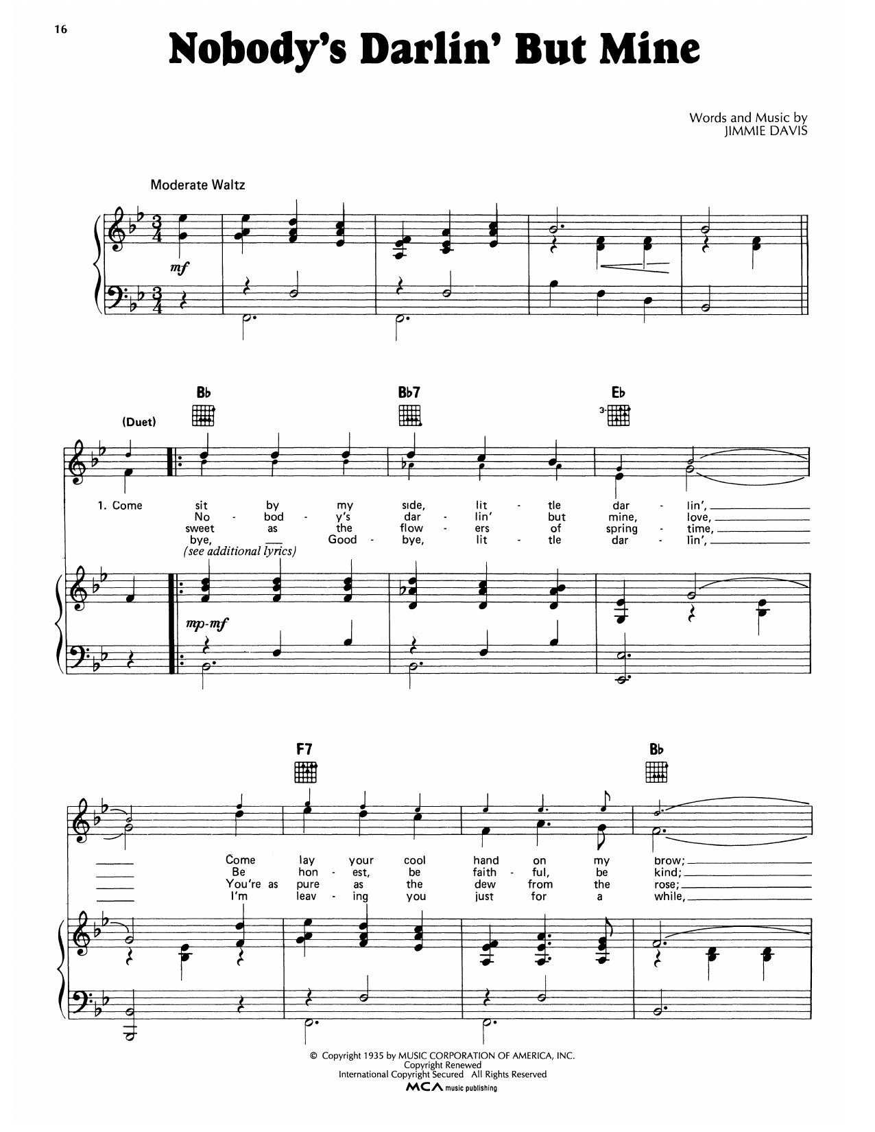 Johnny Sea Nobody's Darlin' But Mine Sheet Music Notes & Chords for Piano, Vocal & Guitar Chords (Right-Hand Melody) - Download or Print PDF