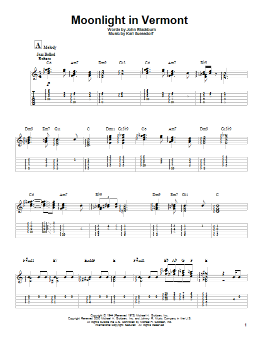 Johnny Smith Moonlight In Vermont Sheet Music Notes & Chords for Guitar Tab Play-Along - Download or Print PDF