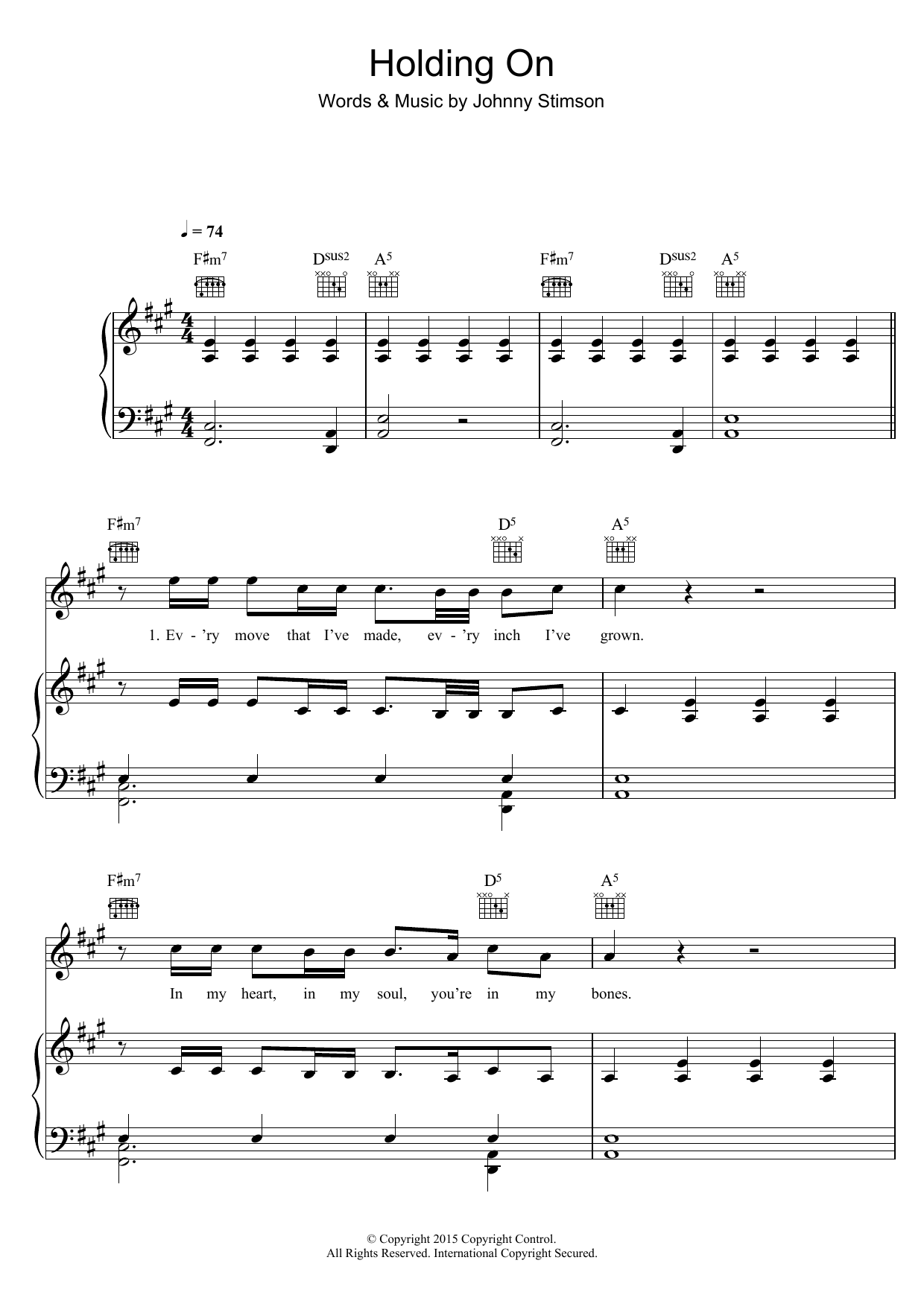 Johnny Stimson Holding On Sheet Music Notes & Chords for Piano, Vocal & Guitar (Right-Hand Melody) - Download or Print PDF