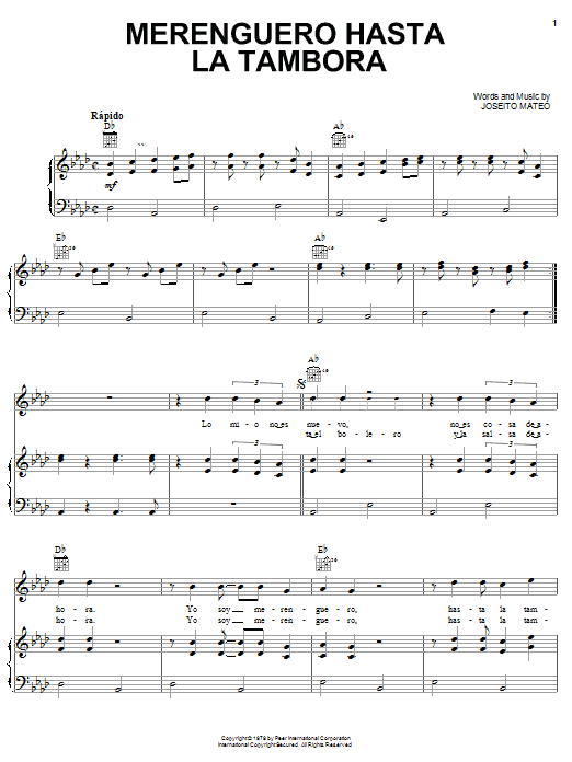 Johnny Ventura Merenguero Hasta La Tambora Sheet Music Notes & Chords for Piano, Vocal & Guitar (Right-Hand Melody) - Download or Print PDF
