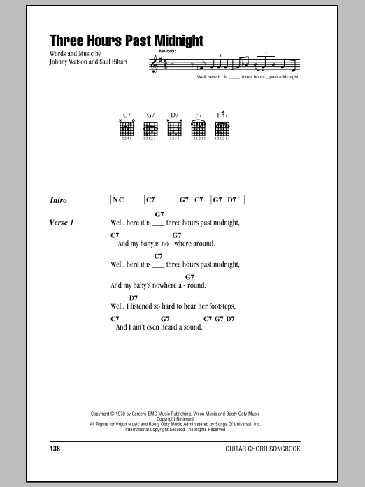 Johnny Watson Three Hours Past Midnight Sheet Music Notes & Chords for Piano, Vocal & Guitar Chords (Right-Hand Melody) - Download or Print PDF
