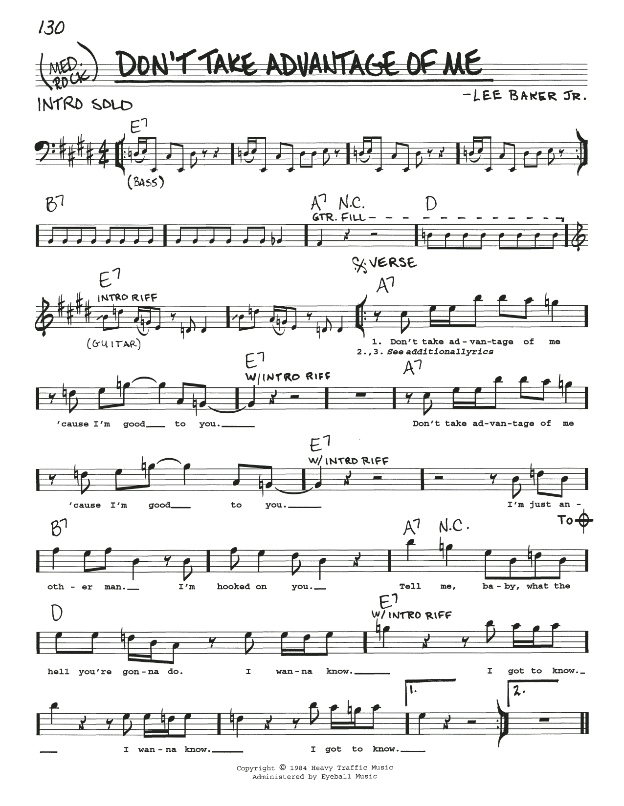 Johnny Winter Don't Take Advantage Of Me Sheet Music Notes & Chords for Real Book – Melody, Lyrics & Chords - Download or Print PDF
