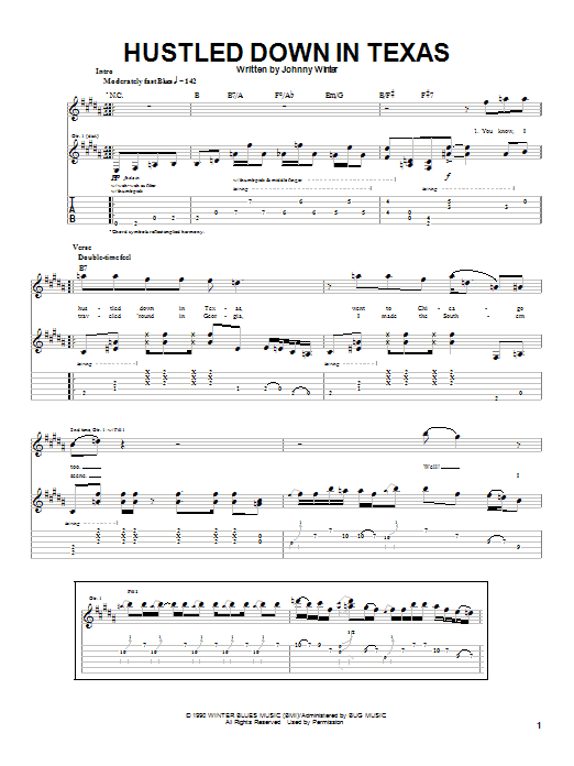 Johnny Winter Hustled Down In Texas Sheet Music Notes & Chords for Guitar Tab - Download or Print PDF
