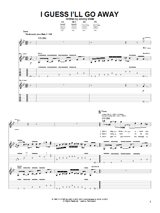 Johnny Winter I Guess I'll Go Away Sheet Music Notes & Chords for Guitar Tab - Download or Print PDF