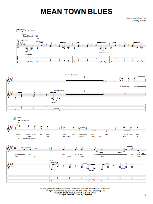 Johnny Winter Mean Town Blues Sheet Music Notes & Chords for Guitar Tab - Download or Print PDF