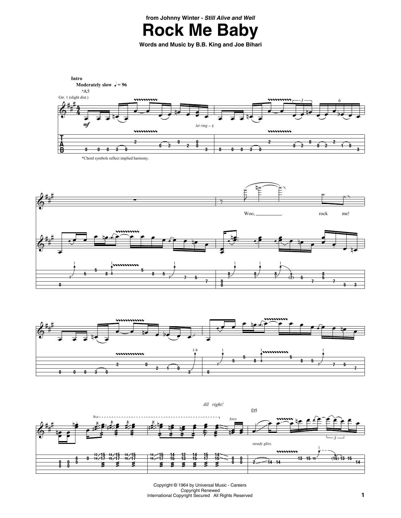 Johnny Winter Rock Me Baby Sheet Music Notes & Chords for Guitar Tab - Download or Print PDF