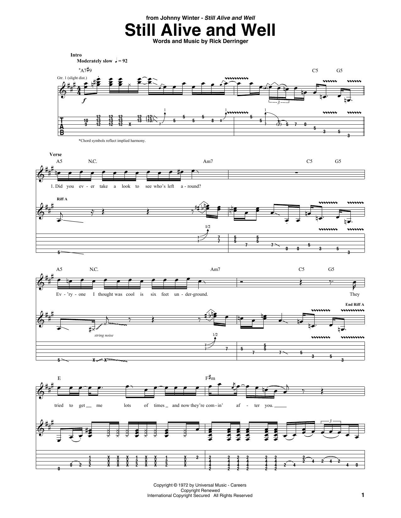 Johnny Winter Still Alive And Well Sheet Music Notes & Chords for Guitar Tab Play-Along - Download or Print PDF