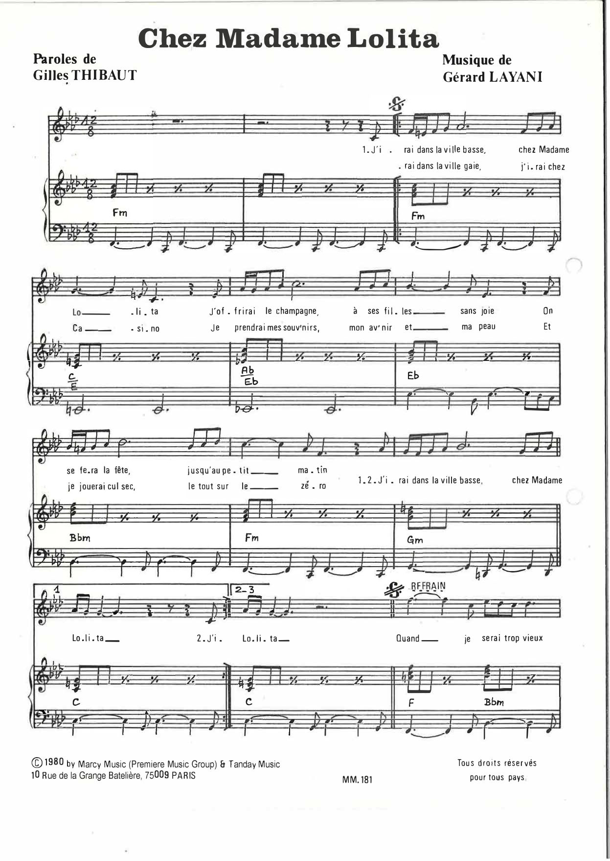 Johny HALLYDAY Chez Madame Lolita Sheet Music Notes & Chords for Piano & Vocal - Download or Print PDF