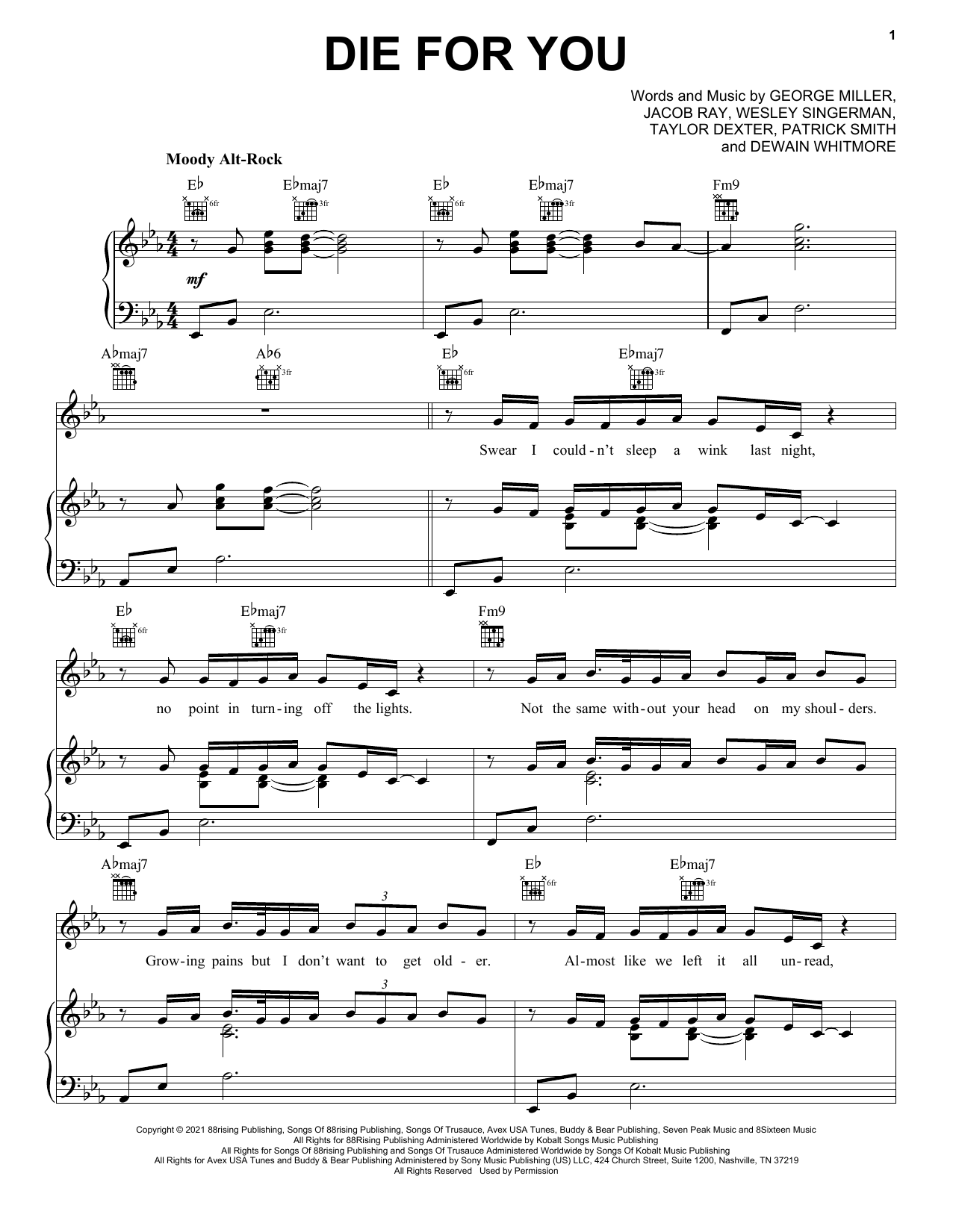 Joji Die For You Sheet Music Notes & Chords for Piano, Vocal & Guitar Chords (Right-Hand Melody) - Download or Print PDF