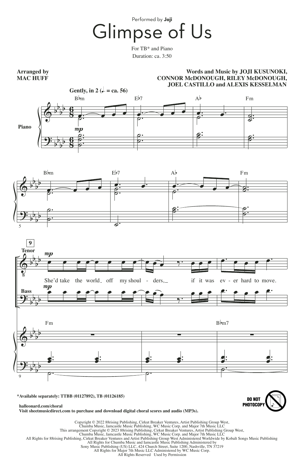 Joji Glimpse Of Us (arr. Mac Huff) Sheet Music Notes & Chords for TB Choir - Download or Print PDF