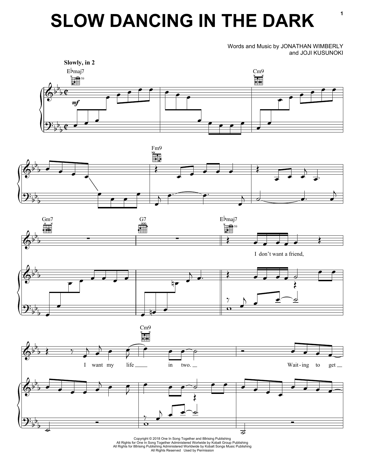 Joji Slow Dancing In The Dark Sheet Music Notes & Chords for Piano, Vocal & Guitar Chords (Right-Hand Melody) - Download or Print PDF