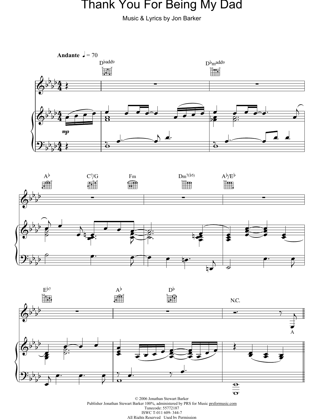 Jon Barker Thank You For Being My Dad Sheet Music Notes & Chords for Piano, Vocal & Guitar Chords (Right-Hand Melody) - Download or Print PDF
