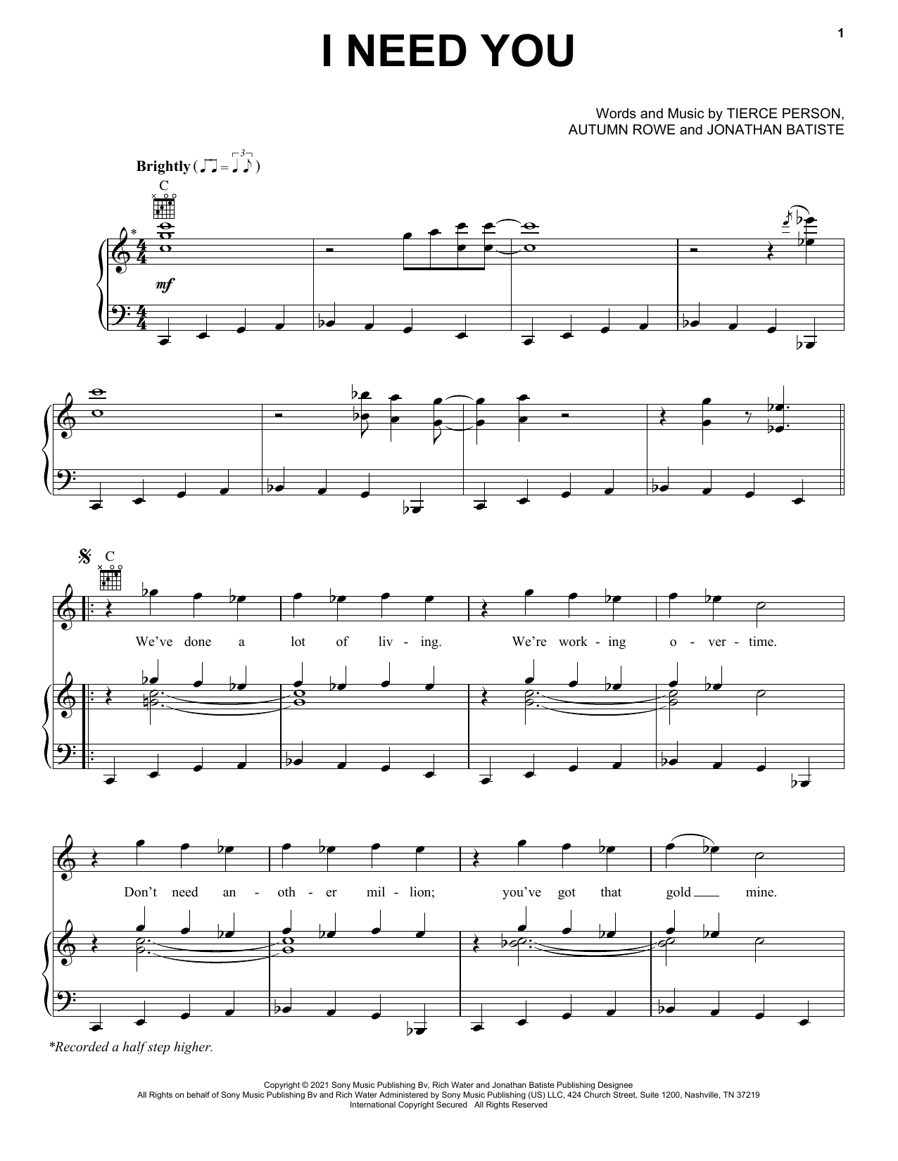 Jon Batiste I NEED YOU Sheet Music Notes & Chords for Piano, Vocal & Guitar Chords (Right-Hand Melody) - Download or Print PDF