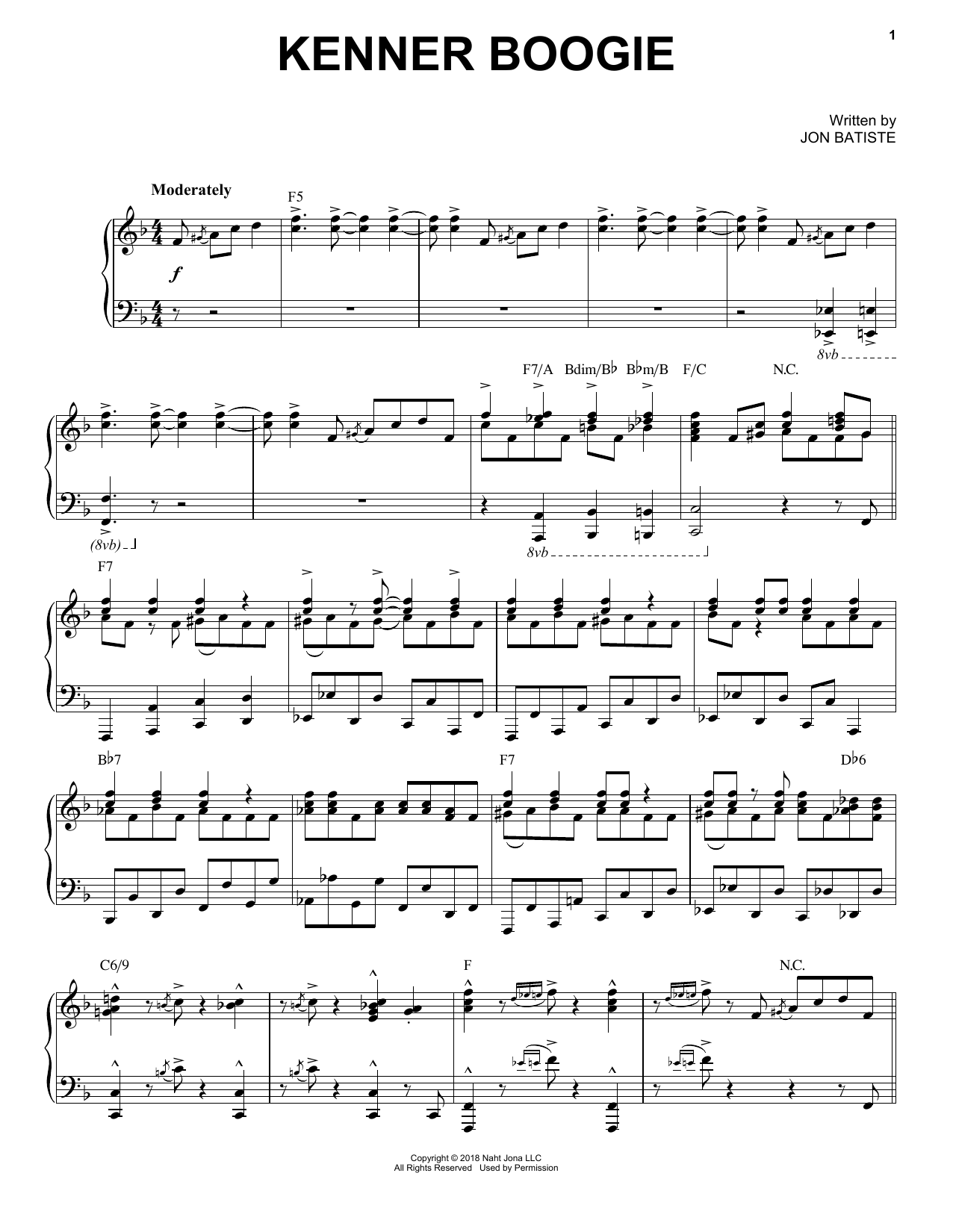 Jon Batiste Kenner Boogie Sheet Music Notes & Chords for Piano Solo - Download or Print PDF