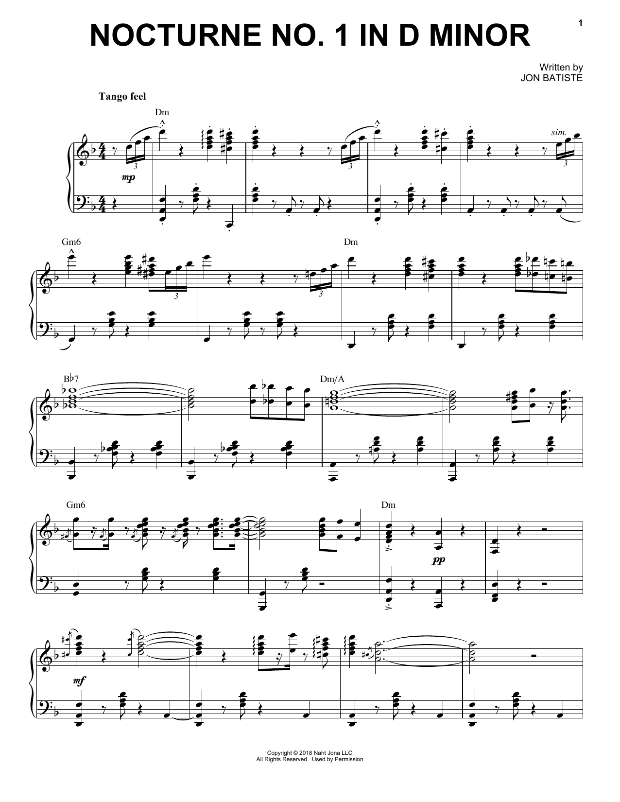 Jon Batiste Nocturne No. 1 In D Minor Sheet Music Notes & Chords for Piano Solo - Download or Print PDF