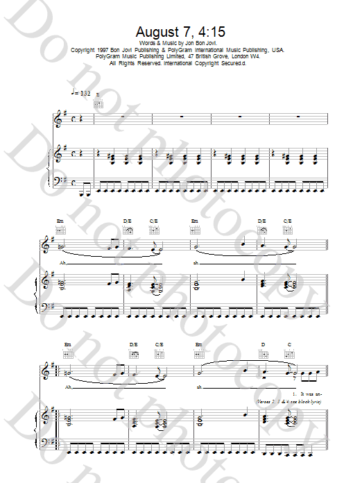 Jon Bon Jovi August 7, 4:15 Sheet Music Notes & Chords for Piano, Vocal & Guitar (Right-Hand Melody) - Download or Print PDF