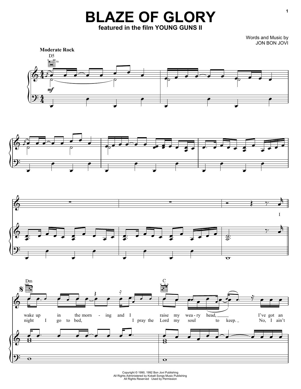 Jon Bon Jovi Blaze Of Glory Sheet Music Notes & Chords for Piano, Vocal & Guitar (Right-Hand Melody) - Download or Print PDF