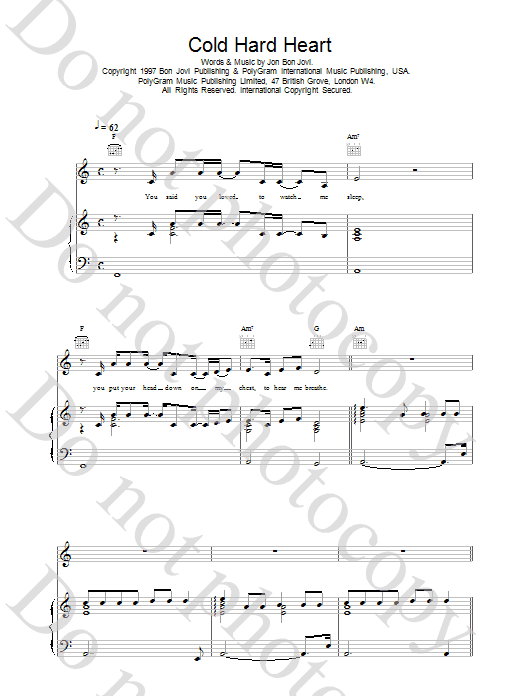 Jon Bon Jovi Cold Hard Heart Sheet Music Notes & Chords for Piano, Vocal & Guitar (Right-Hand Melody) - Download or Print PDF