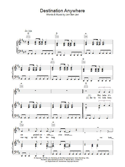 Jon Bon Jovi Destination Anywhere Sheet Music Notes & Chords for Piano, Vocal & Guitar (Right-Hand Melody) - Download or Print PDF