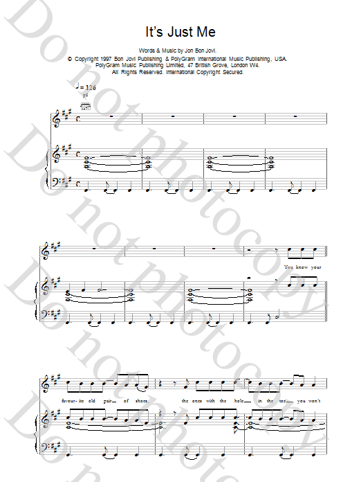Jon Bon Jovi It's Just Me Sheet Music Notes & Chords for Piano, Vocal & Guitar (Right-Hand Melody) - Download or Print PDF