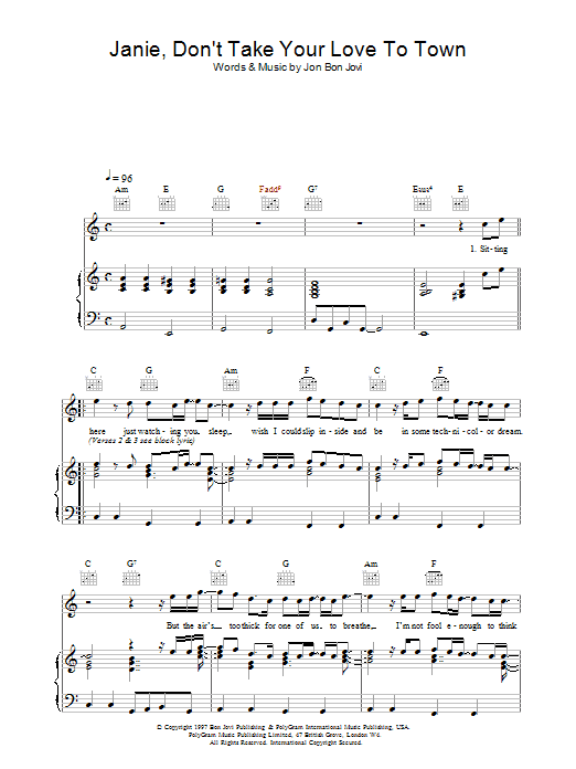 Jon Bon Jovi Janie, Don't Take Your Love To Town Sheet Music Notes & Chords for Piano, Vocal & Guitar (Right-Hand Melody) - Download or Print PDF