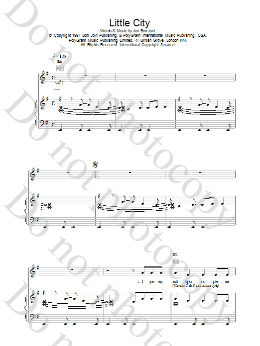 Jon Bon Jovi Little City Sheet Music Notes & Chords for Piano, Vocal & Guitar (Right-Hand Melody) - Download or Print PDF