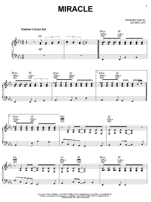 Jon Bon Jovi Miracle Sheet Music Notes & Chords for Piano, Vocal & Guitar (Right-Hand Melody) - Download or Print PDF
