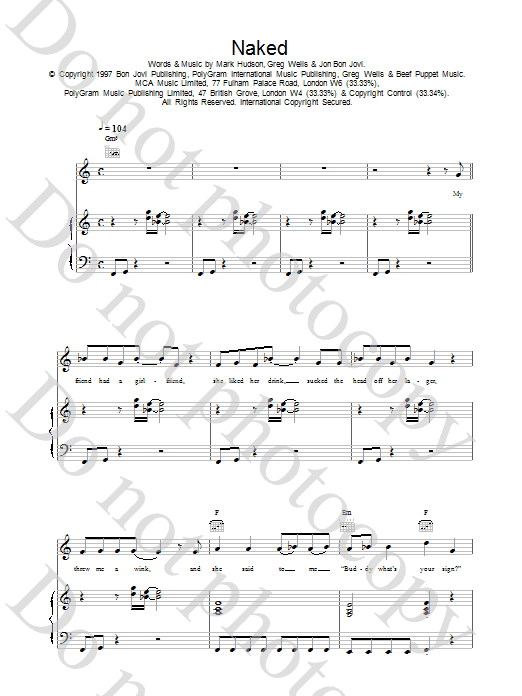 Jon Bon Jovi Naked Sheet Music Notes & Chords for Piano, Vocal & Guitar - Download or Print PDF