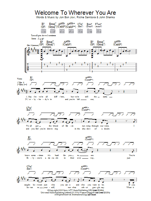 Jon Bon Jovi Welcome To Wherever You Are Sheet Music Notes & Chords for Guitar Tab - Download or Print PDF