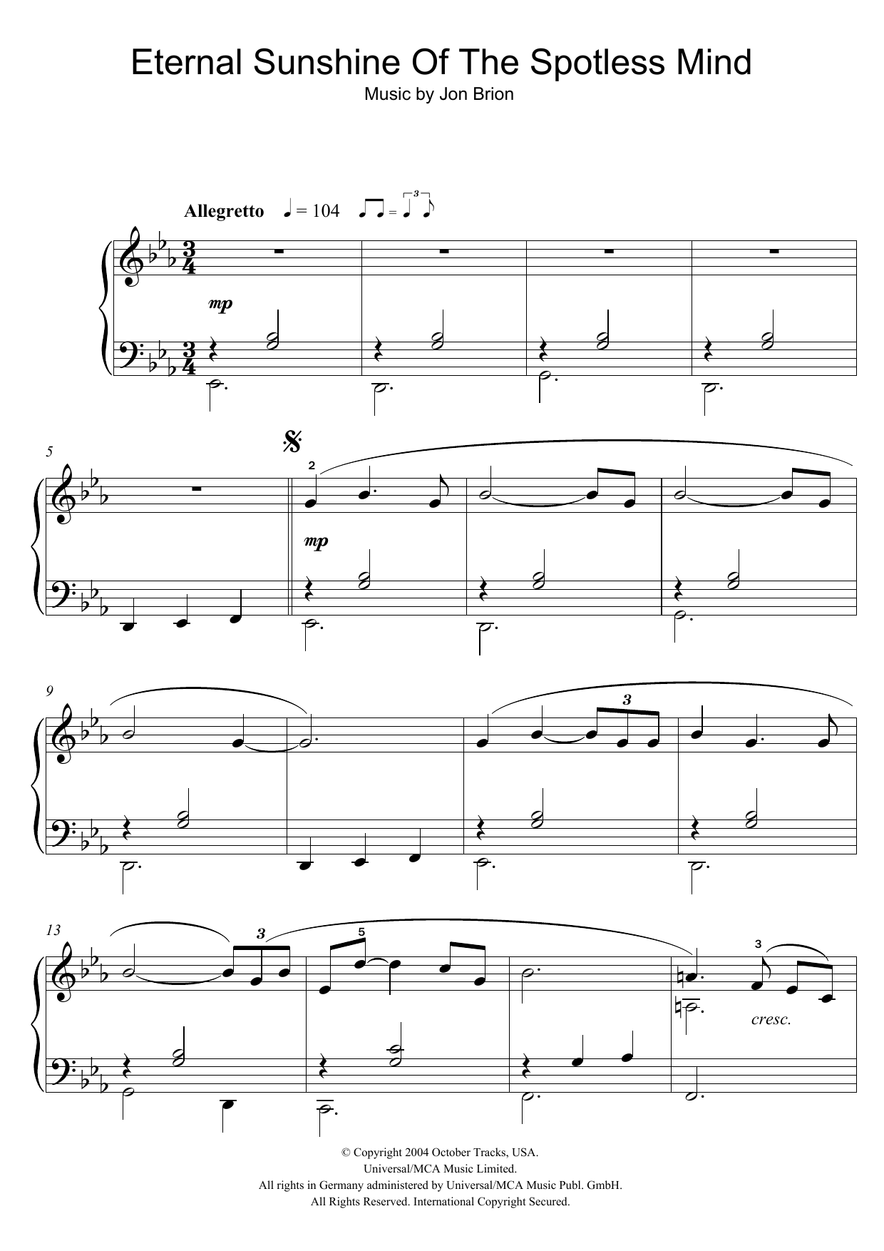 Jon Brion Eternal Sunshine Of The Spotless Mind (Theme) Sheet Music Notes & Chords for Easy Piano - Download or Print PDF