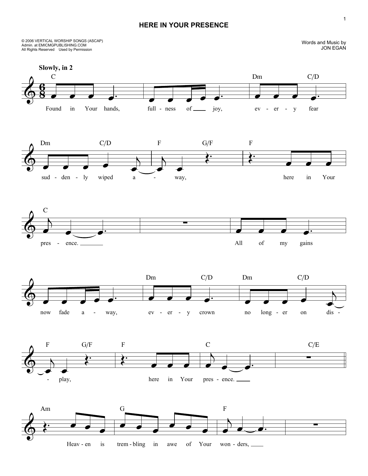 Jon Egan Here In Your Presence Sheet Music Notes & Chords for Melody Line, Lyrics & Chords - Download or Print PDF
