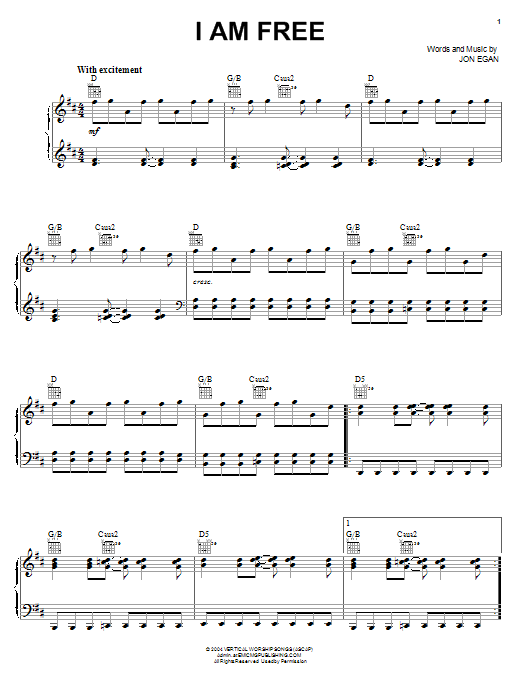 Jon Egan I Am Free Sheet Music Notes & Chords for Melody Line, Lyrics & Chords - Download or Print PDF