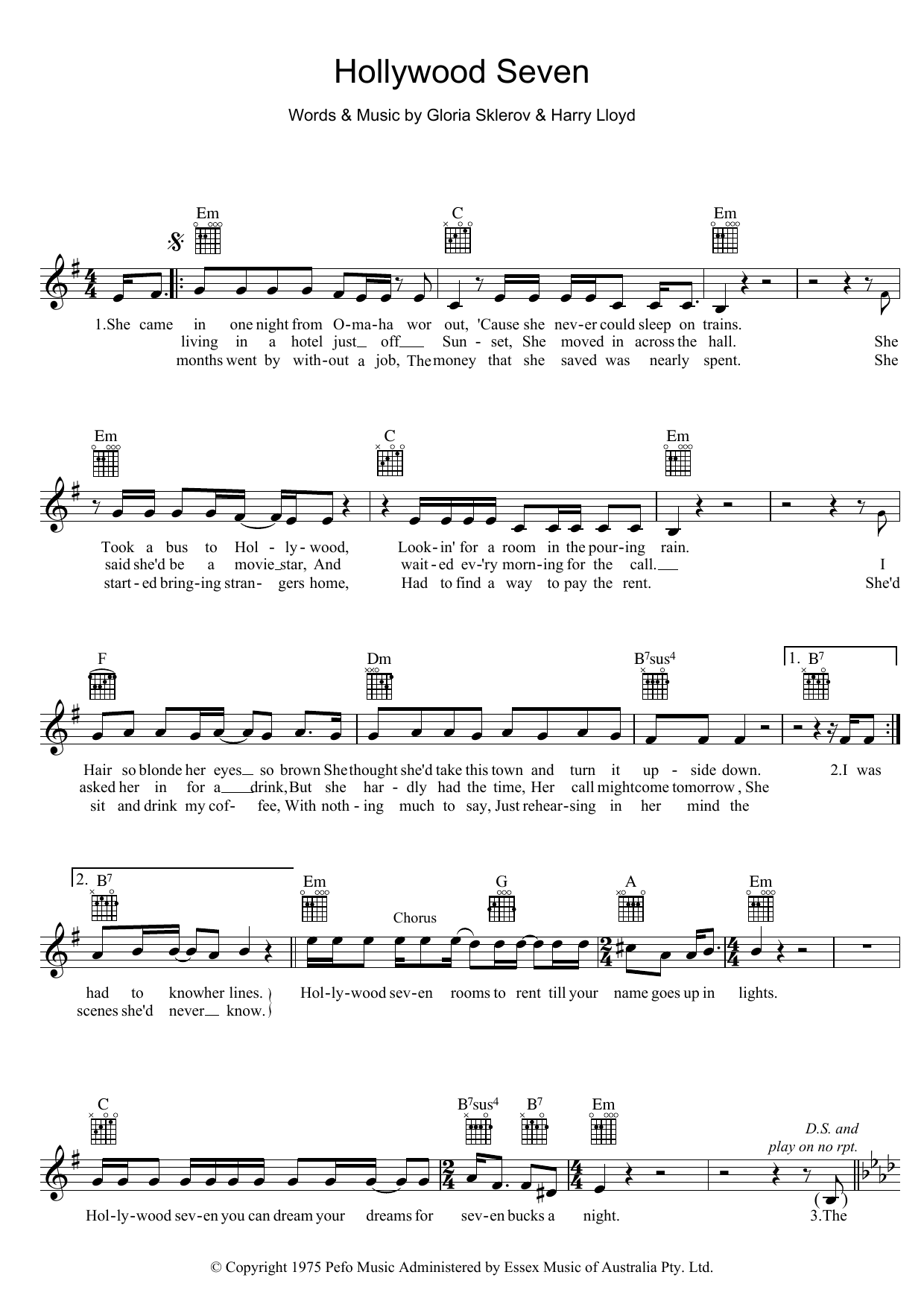 Jon English Hollywood Seven Sheet Music Notes & Chords for Melody Line, Lyrics & Chords - Download or Print PDF