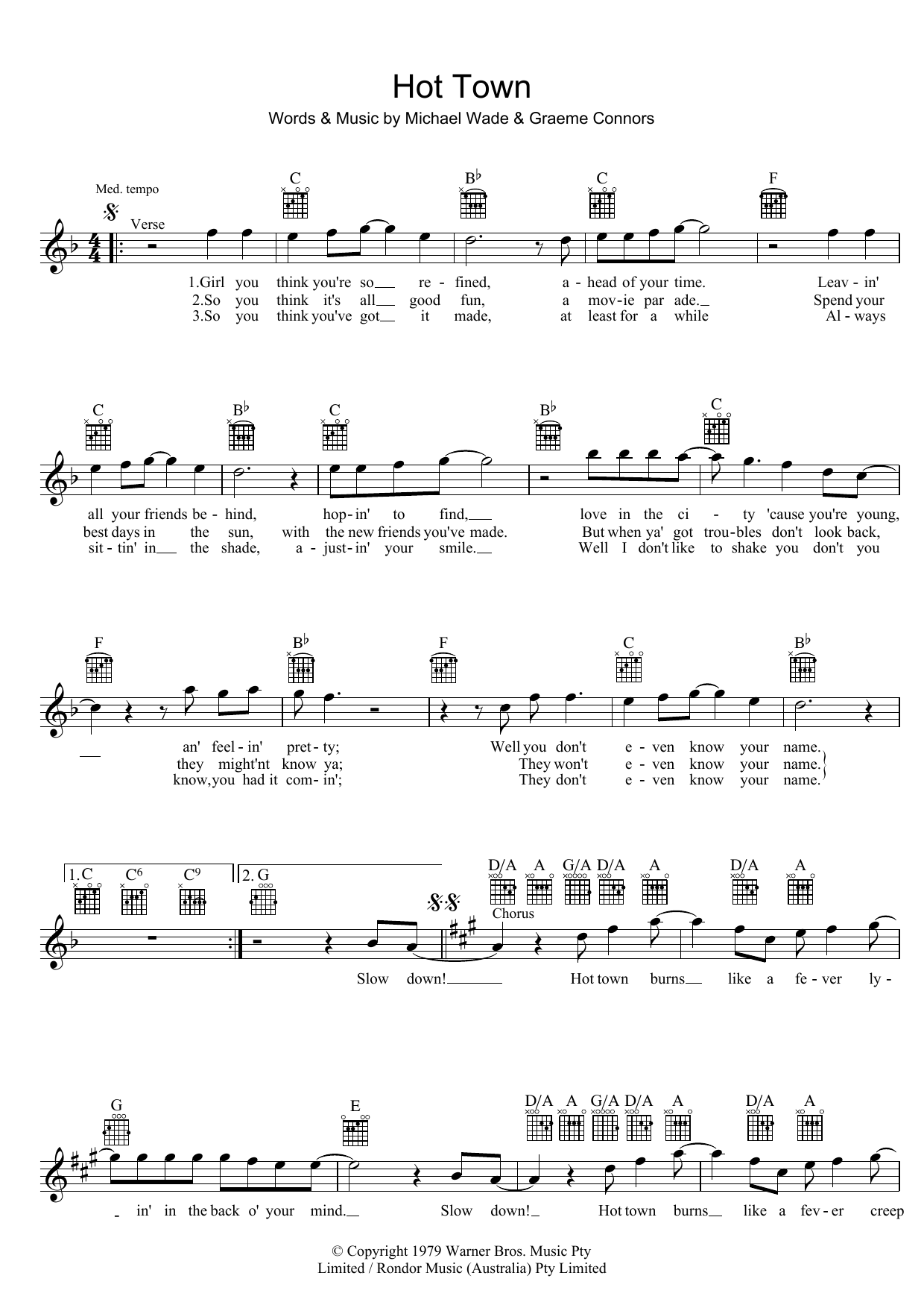Jon English Hot Town Sheet Music Notes & Chords for Melody Line, Lyrics & Chords - Download or Print PDF