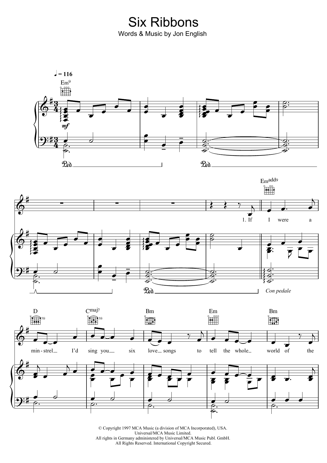 Jon English Six Ribbons Sheet Music Notes & Chords for Piano, Vocal & Guitar (Right-Hand Melody) - Download or Print PDF