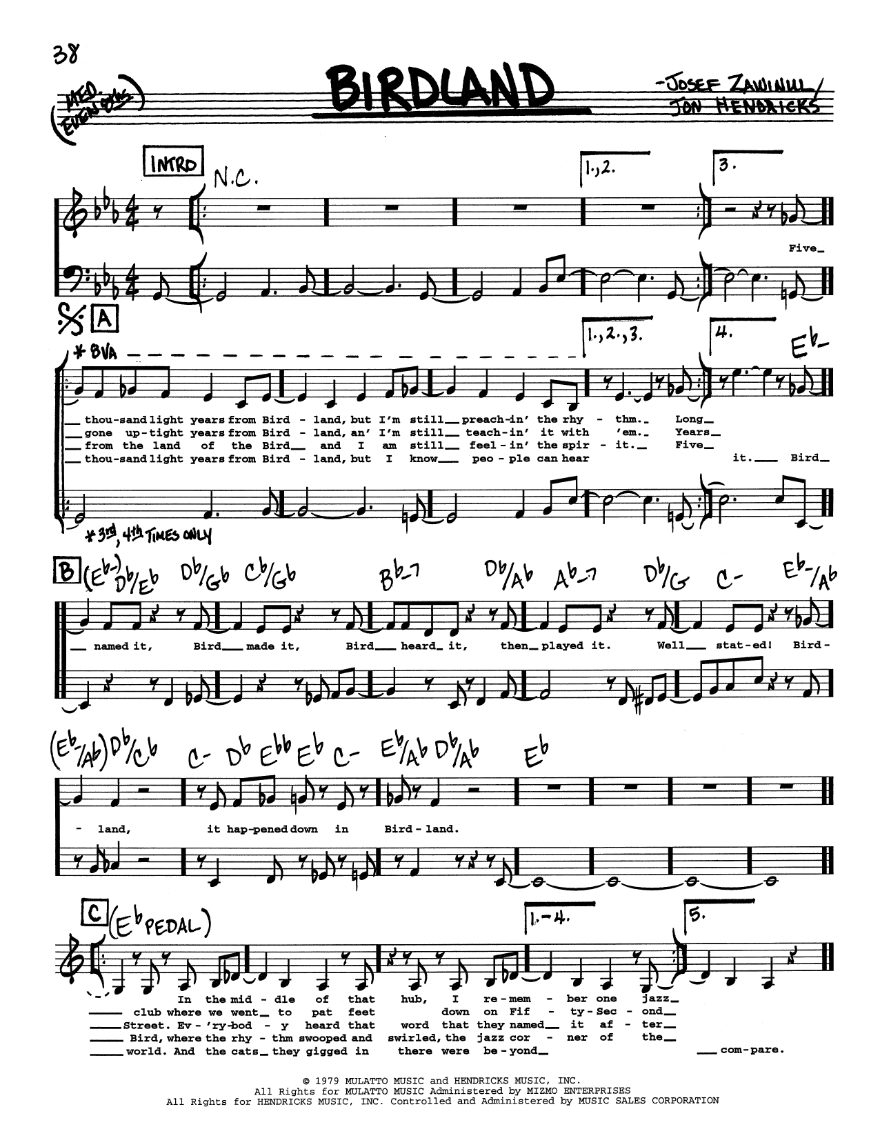 Jon Hendricks Birdland (Low Voice) Sheet Music Notes & Chords for Real Book – Melody, Lyrics & Chords - Download or Print PDF