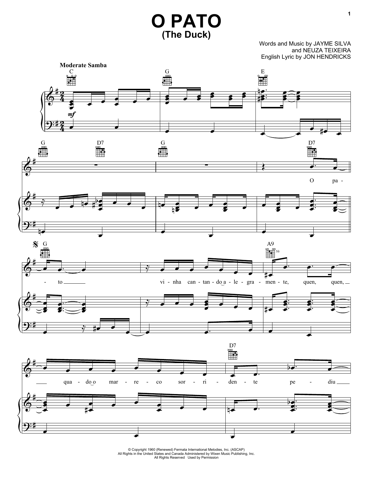 Jon Hendricks O Pato (The Duck) Sheet Music Notes & Chords for Piano, Vocal & Guitar (Right-Hand Melody) - Download or Print PDF