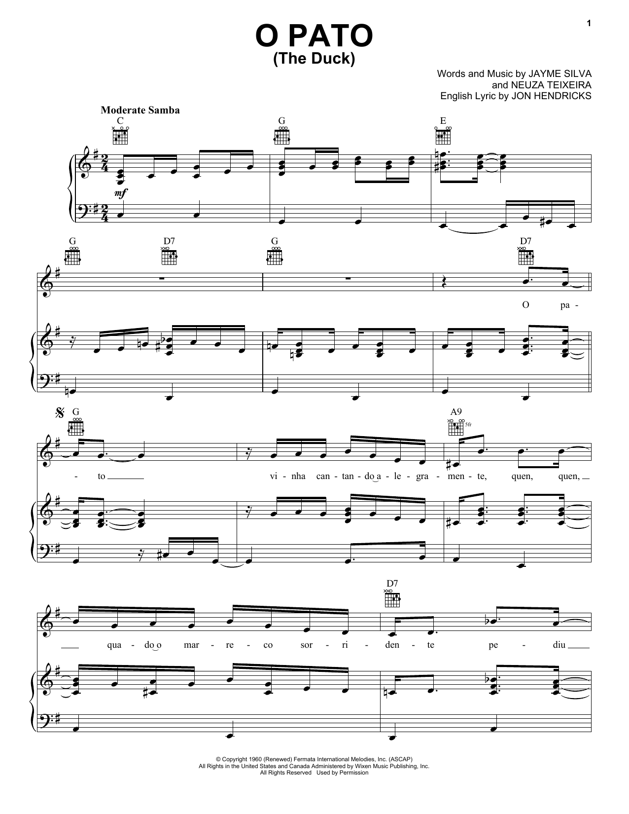 Jon Hendricks O Pato (The Duck) Sheet Music Notes & Chords for Very Easy Piano - Download or Print PDF