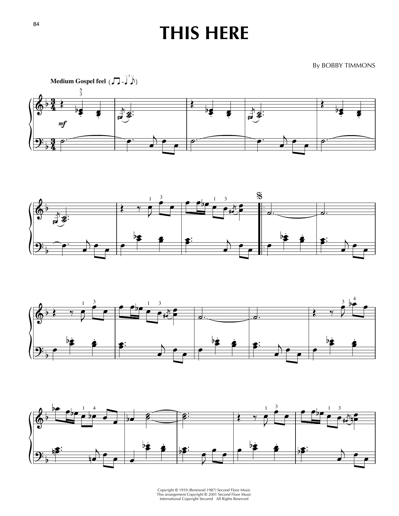 Jon Hendricks This Here (arr. Brent Edstrom) Sheet Music Notes & Chords for Piano Solo - Download or Print PDF