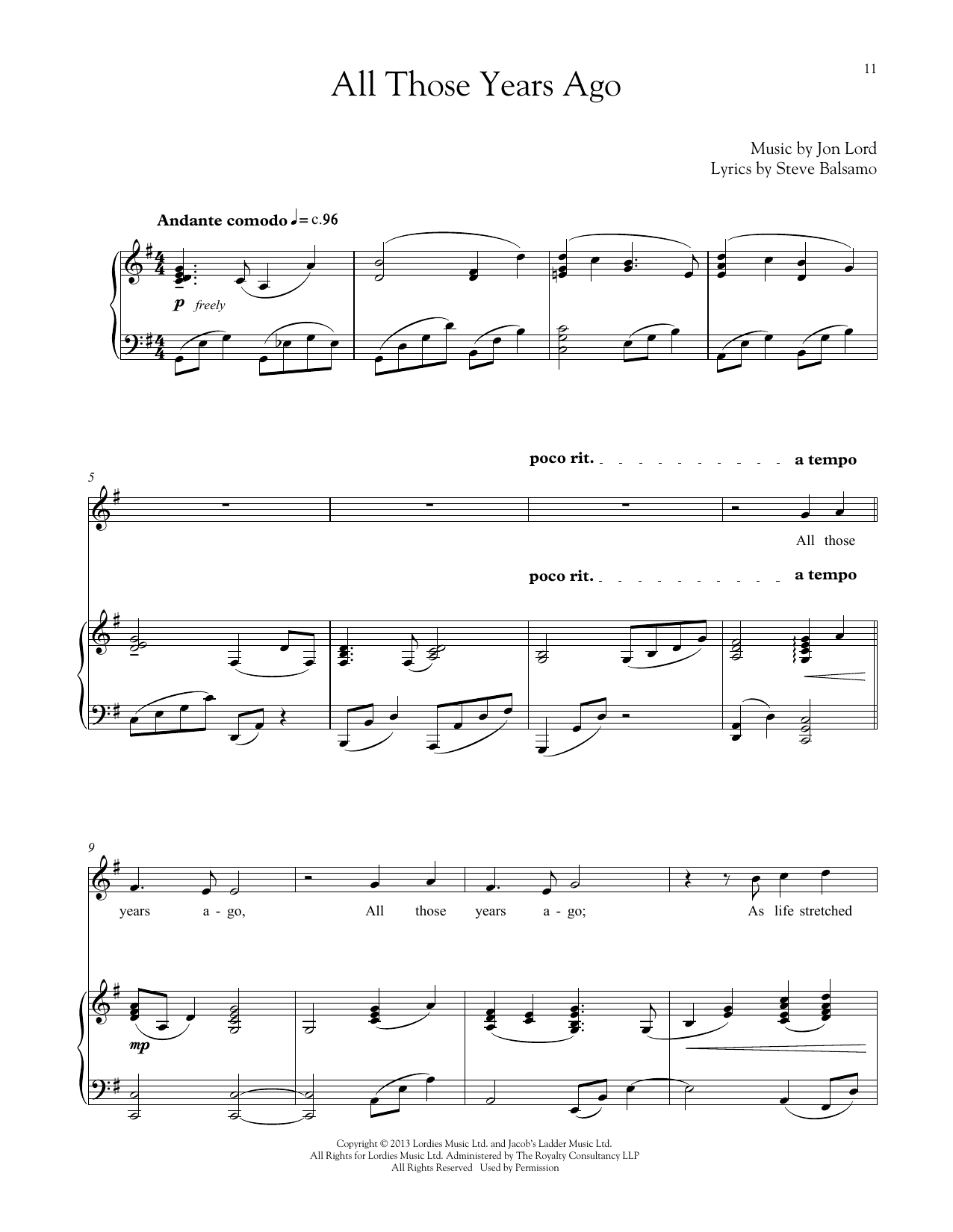 Jon Lord All Those Years Ago Sheet Music Notes & Chords for Piano & Vocal - Download or Print PDF