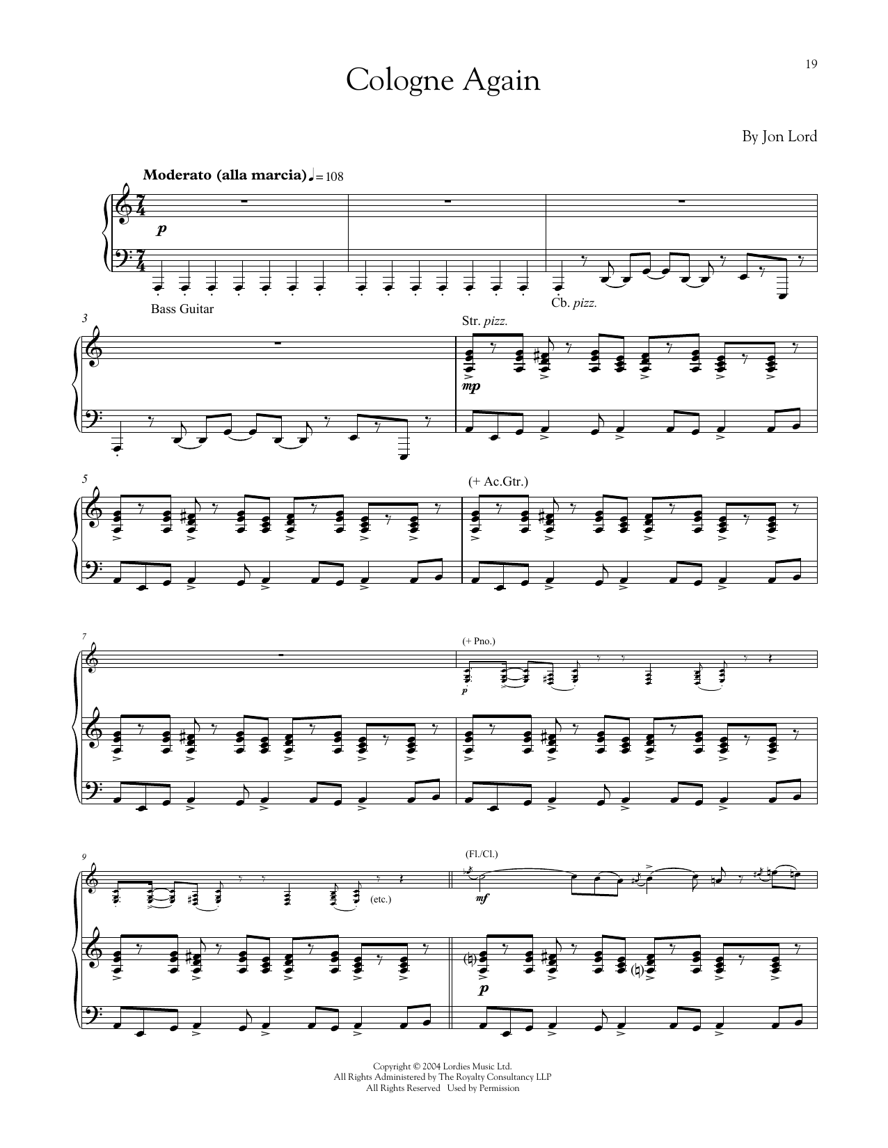 Jon Lord Cologne Again Sheet Music Notes & Chords for Piano - Download or Print PDF