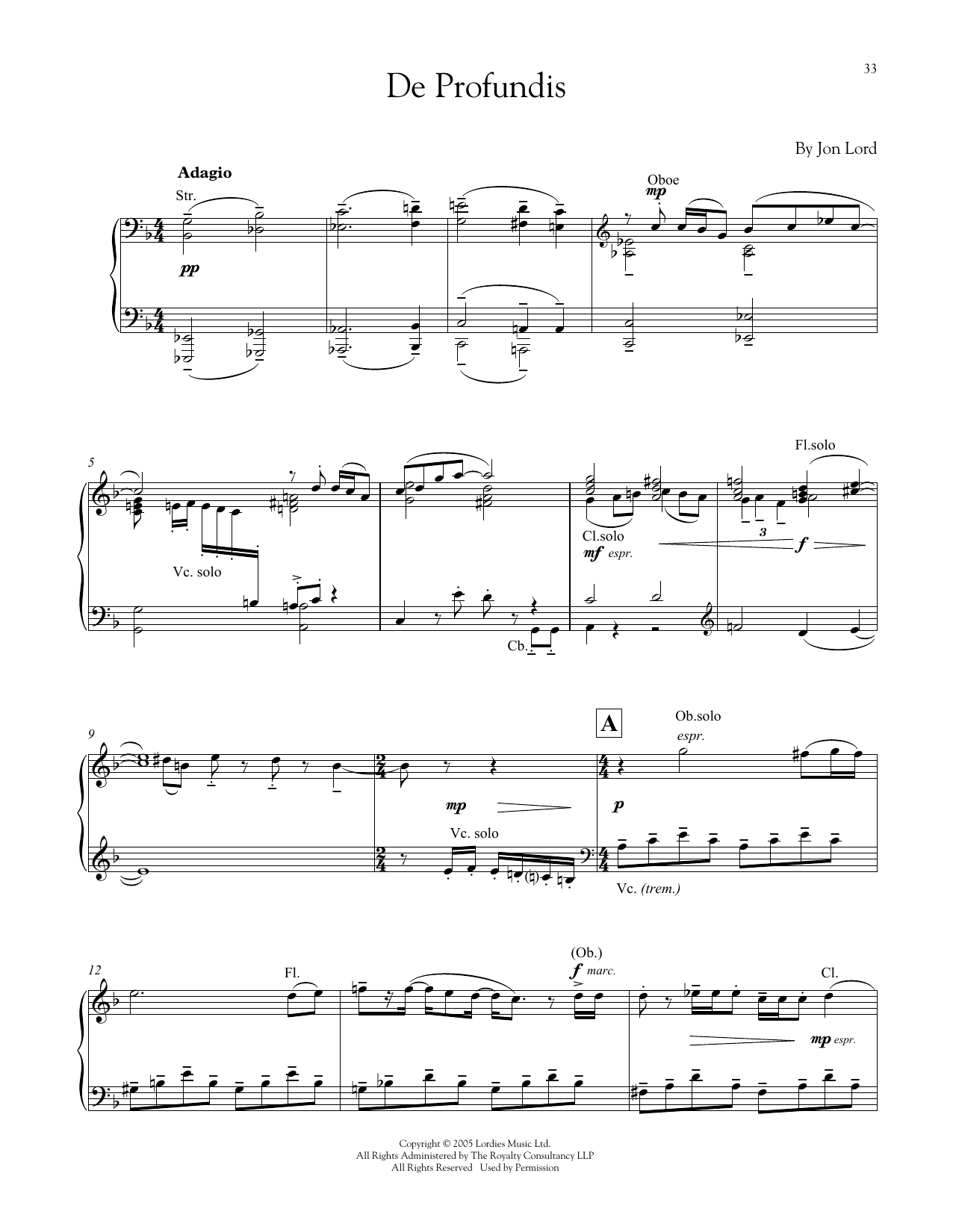 Jon Lord De Profundis Sheet Music Notes & Chords for Piano - Download or Print PDF