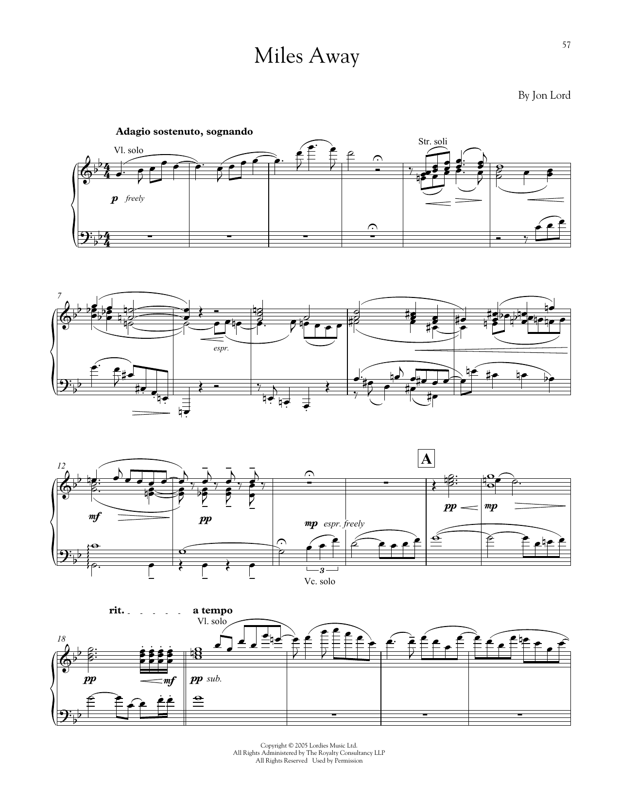Jon Lord Miles Away Sheet Music Notes & Chords for Piano - Download or Print PDF