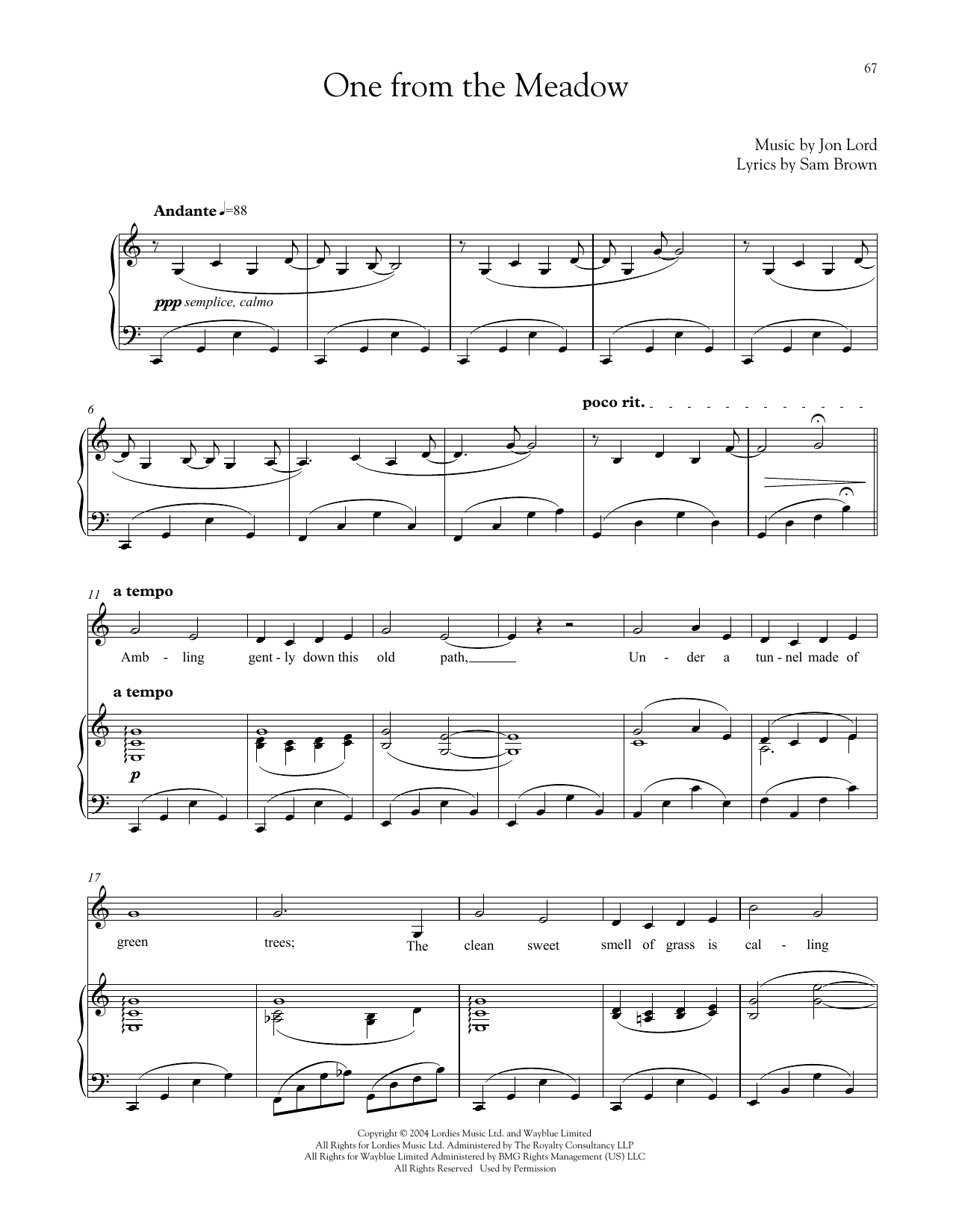 Jon Lord One From The Meadow Sheet Music Notes & Chords for Piano & Vocal - Download or Print PDF
