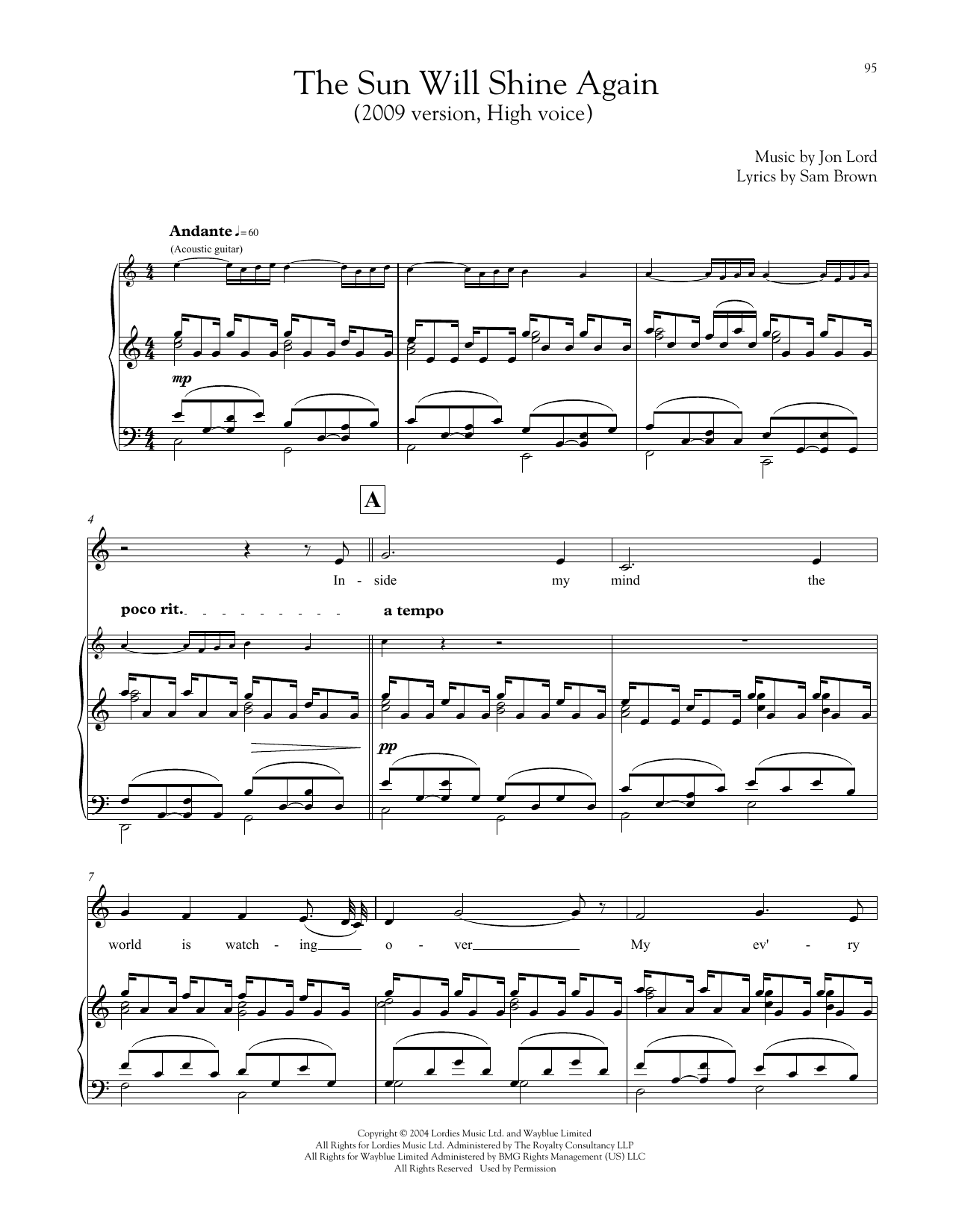 Jon Lord The Sun Will Shine Again Sheet Music Notes & Chords for Piano & Vocal - Download or Print PDF