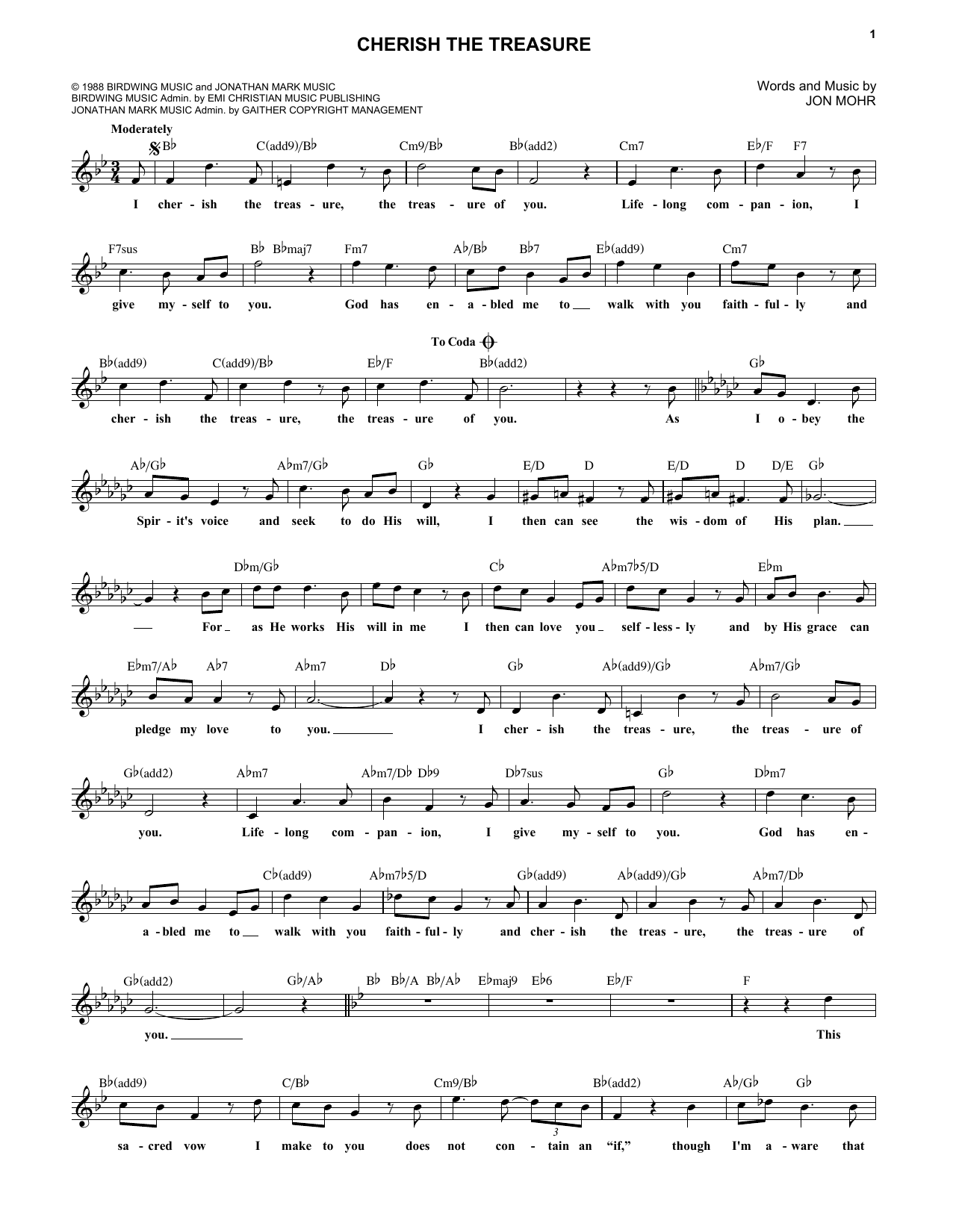 Steve Green Cherish The Treasure Sheet Music Notes & Chords for Melody Line, Lyrics & Chords - Download or Print PDF