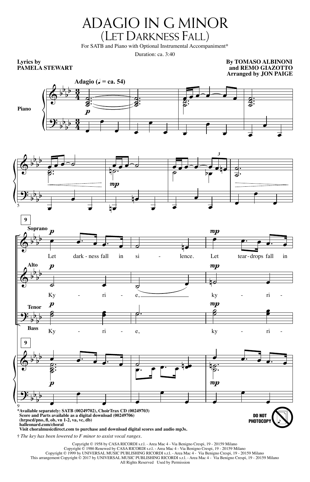 Jon Paige Adagio In Sol Minore (Adagio In G Minor) Sheet Music Notes & Chords for SATB - Download or Print PDF