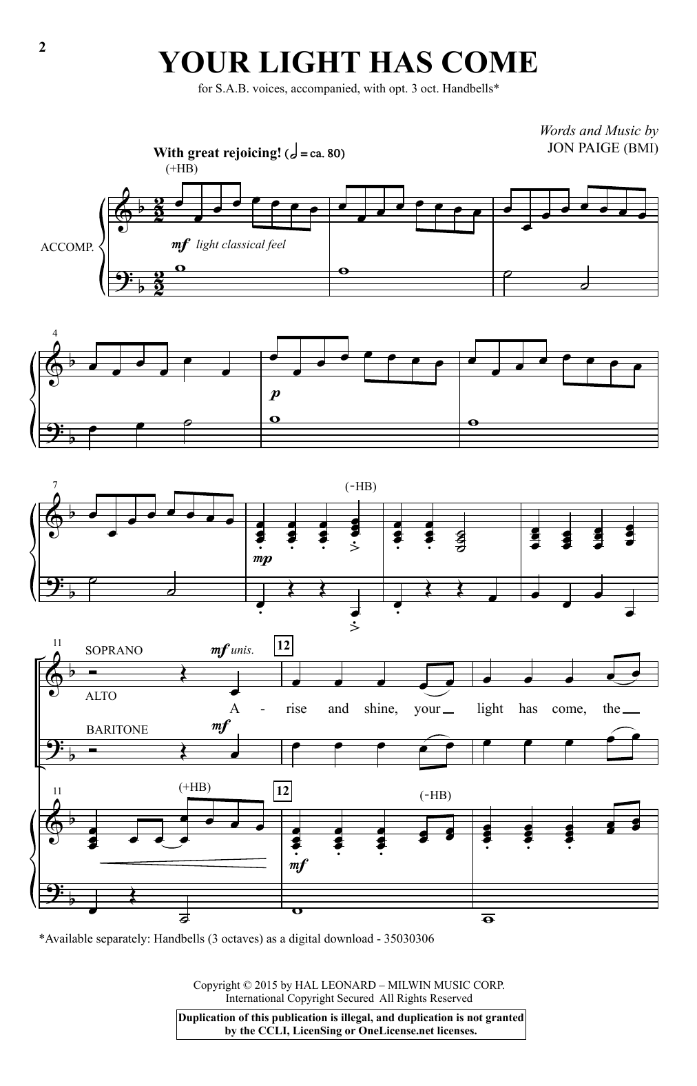 Jon Paige Your Light Has Come Sheet Music Notes & Chords for SAB - Download or Print PDF