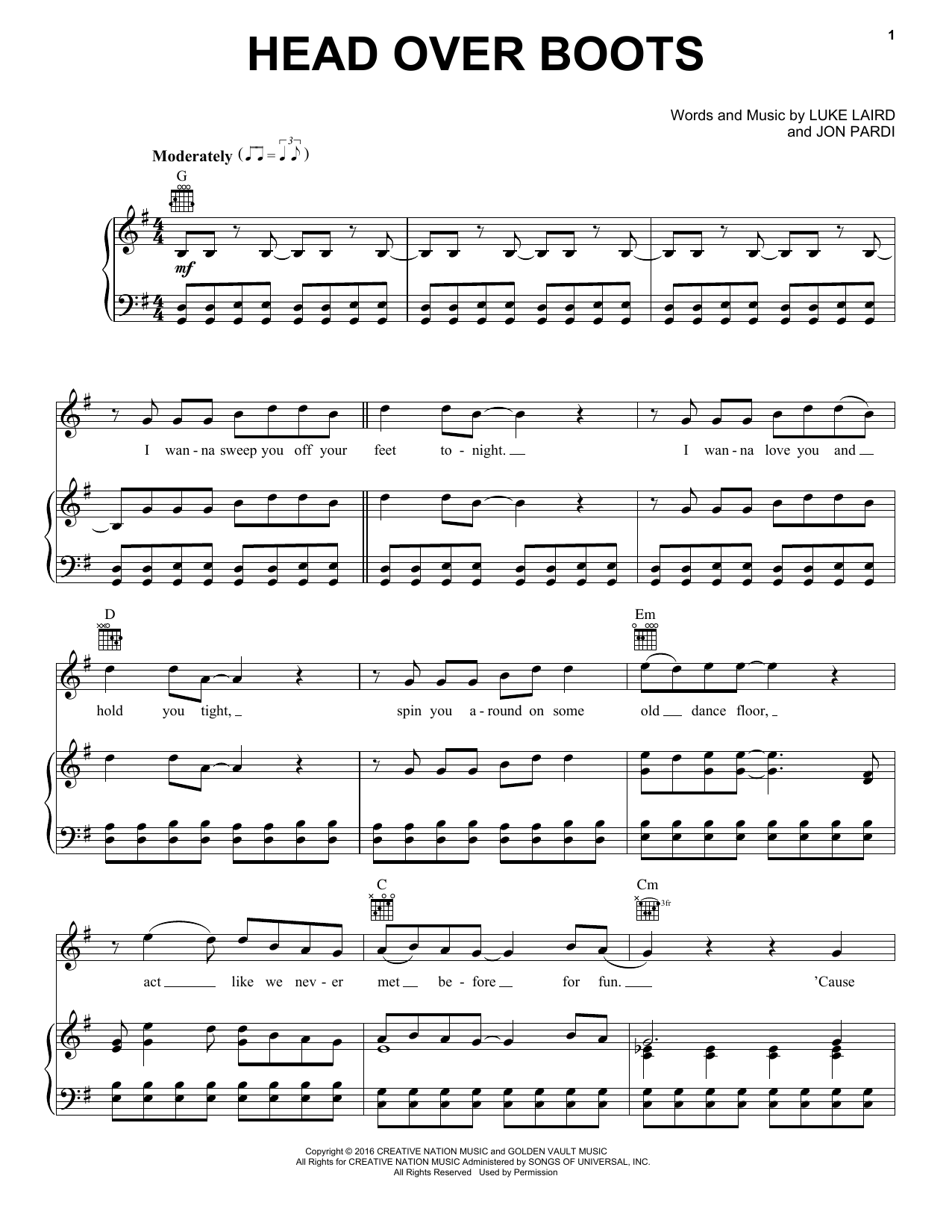 Jon Pardi Head Over Boots Sheet Music Notes & Chords for Piano, Vocal & Guitar (Right-Hand Melody) - Download or Print PDF