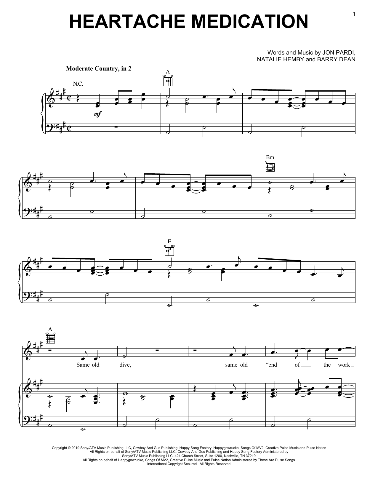 Jon Pardi Heartache Medication Sheet Music Notes & Chords for Piano, Vocal & Guitar (Right-Hand Melody) - Download or Print PDF